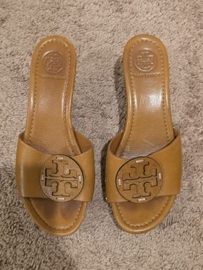 Tory Burch Cognac Leather Logo Slide Wedges